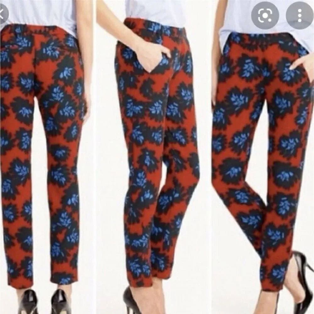 J. CREW Joggers Red Blue Floral Elastic Waist Ankle Crop Dress Pants Flower 00 - Picture 3 of 12